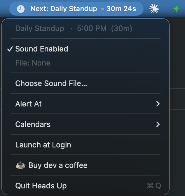Heads Up menu bar app showing countdown timer and settings
